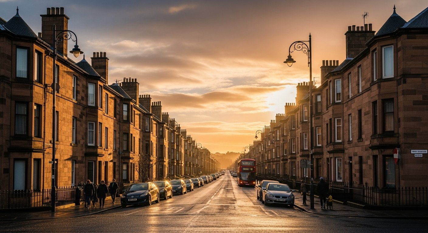 Professional roofing team working on a Scottish residential slate roof in Motherwell with scaffolding and traditional stone houses