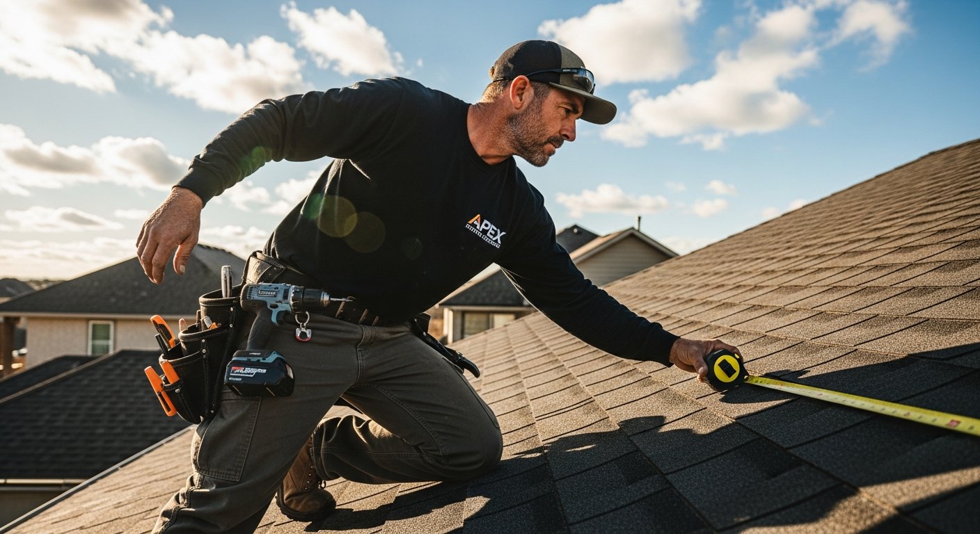 Roofing professional discussing roof assessment with homeowner at front door of traditional Scottish stone house in Motherwell